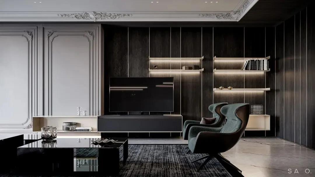 石膏线电视背景墙尺寸3.1米效果图,轻奢风装修2022新款电视背景墙纸