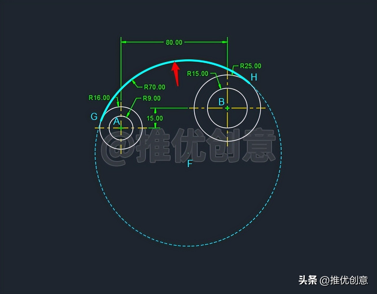 autocad内切和外切圆画法,内切相减外切相加