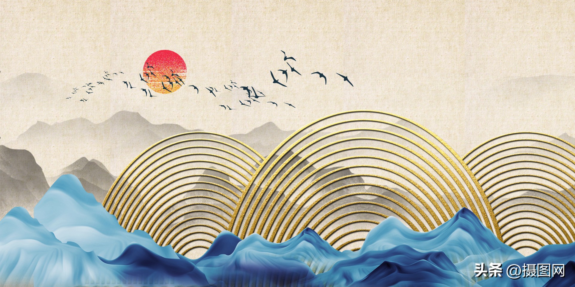 国潮风手绘山水设计素材图文,手绘国潮山水素材背景