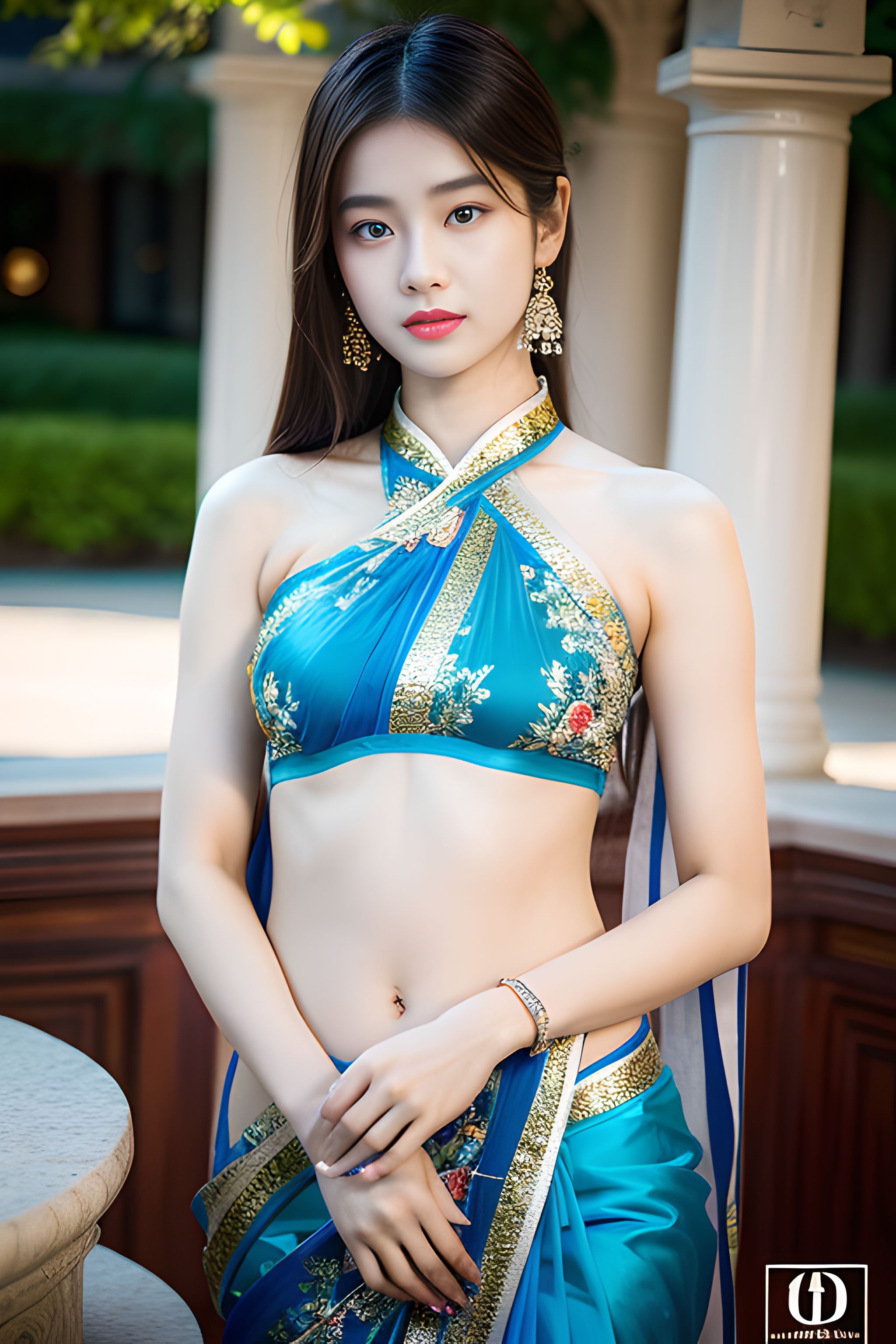 一袭青衣薄纱轻盈灵动,纱丽的穿衣搭配