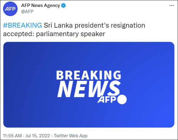 斯里兰卡总统已签署辞职信,斯里兰卡议长尚未收到总统辞职信