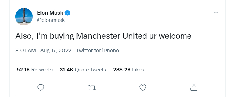 宣称要买下曼联？马斯克：不，我开玩笑的